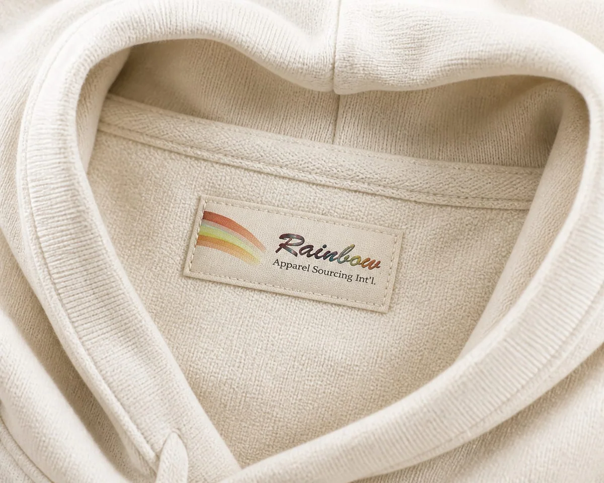 Rainbow Apparel Sourcing International woven label inside a cream hoodie