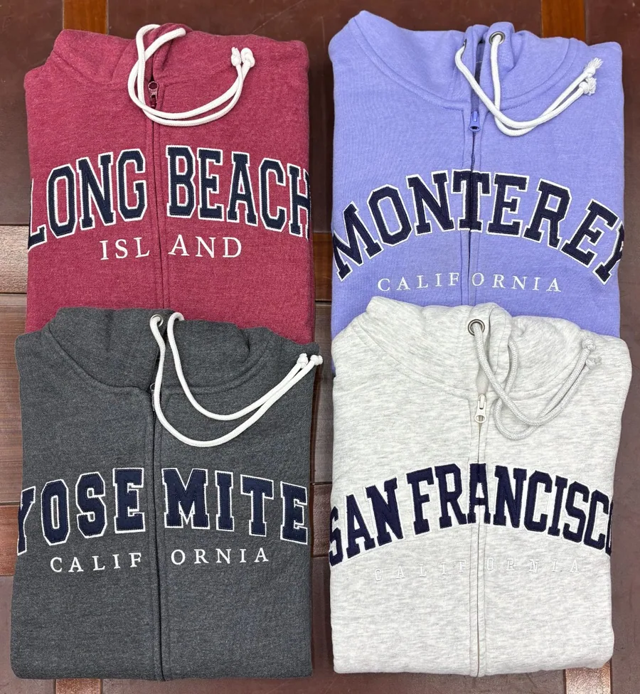Full-zip hoodies with appliqué embroidery